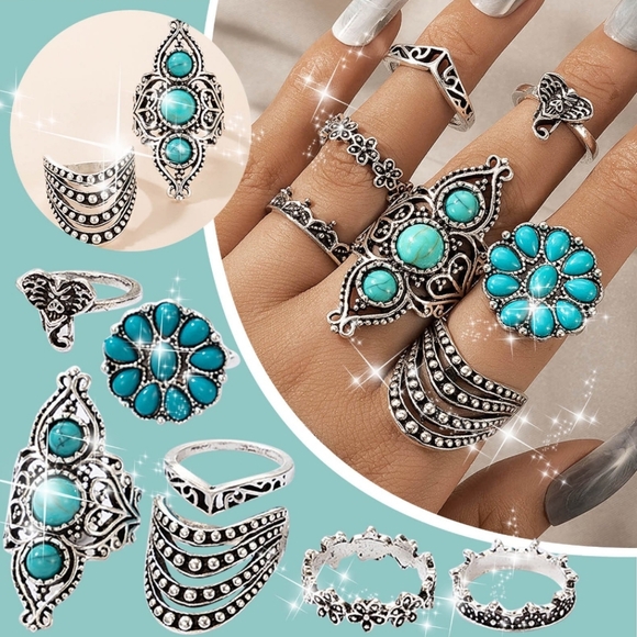 Vintage Turquoise Elephant Geometric Ring 7pcs/SetBoho Style Decor Jewelry - Picture 4 of 10